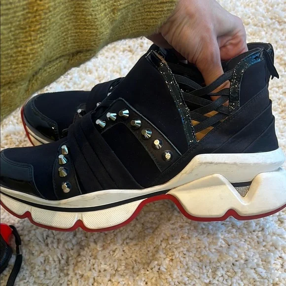 Authentic Christian Louboutin Black and Silver Studded Sneakers - Picture 7 of 11